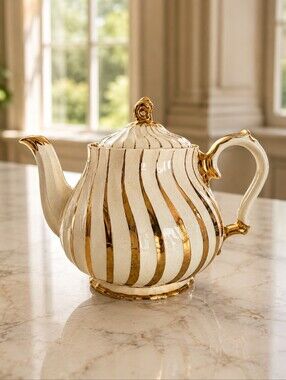 Vintage Sadler England Gold Swirl Ribbed Cream Teapot 4 Cup 2737